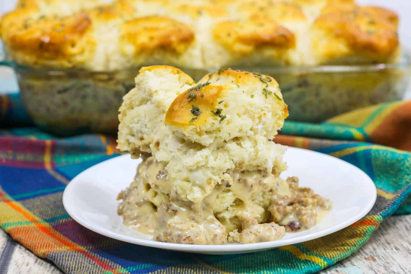 Fluffy biscuits baked with creamy sausage gravy.