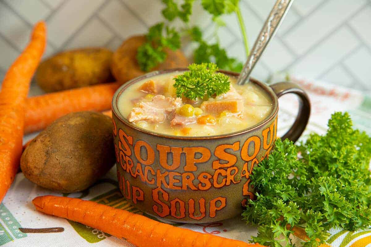 Creamy soup with diced ham and tender potatoes.