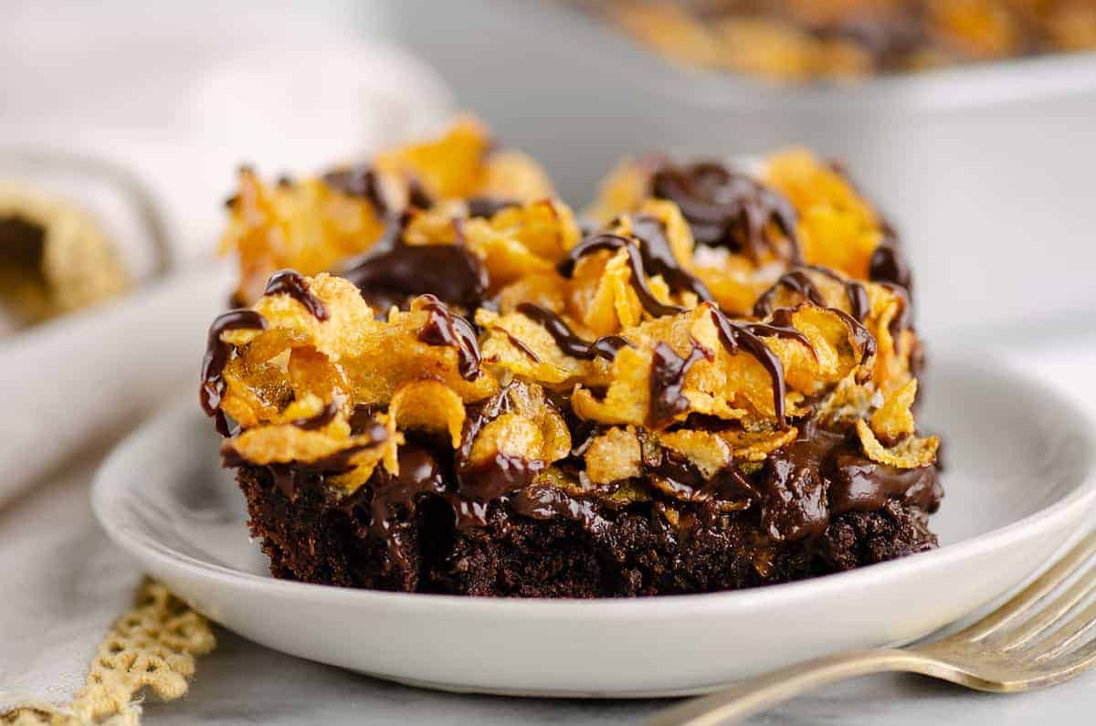 Chewy brownies topped with honey-roasted cornflakes.