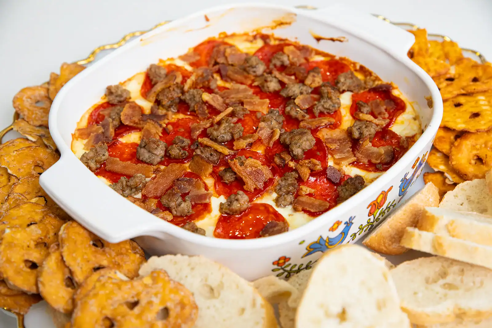 Cheesy pizza dip served hot with bread or chips.