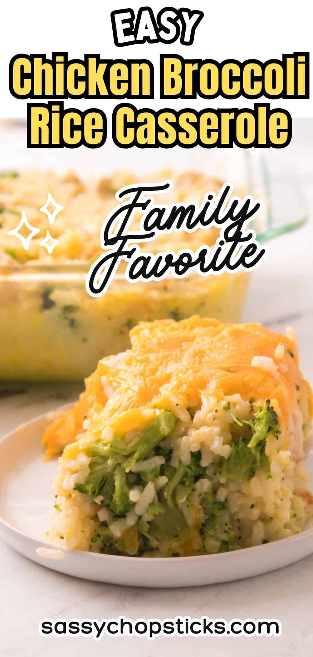 A cheesy chicken broccoli rice casserole slice served on a white plate, with tender chicken, broccoli, and melted cheddar in a baked casserole.