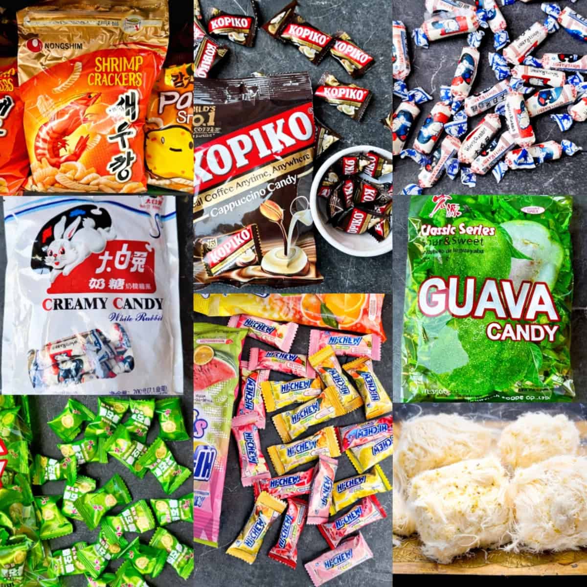 Assorted Asian candies and snacks photographed from an Asian grocery store.