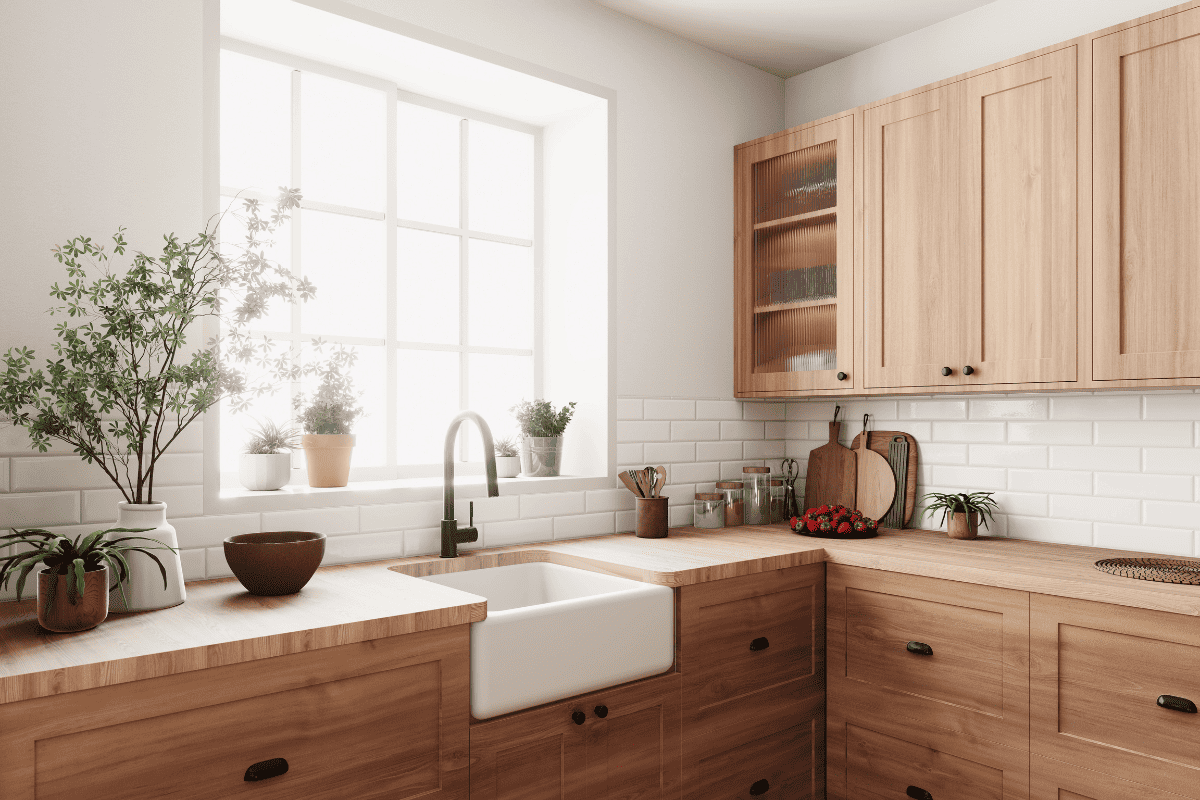 A close-up view of a modern kitchen with bamboo cabinets, a farmhouse sink, and plants on the windowsill.