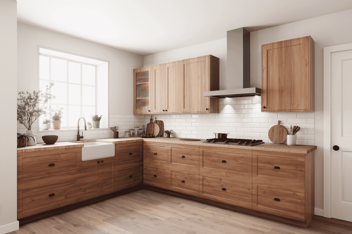 A modern kitchen with bamboo cabinets, white subway tile backsplash, and a farmhouse sink under a bright window.
