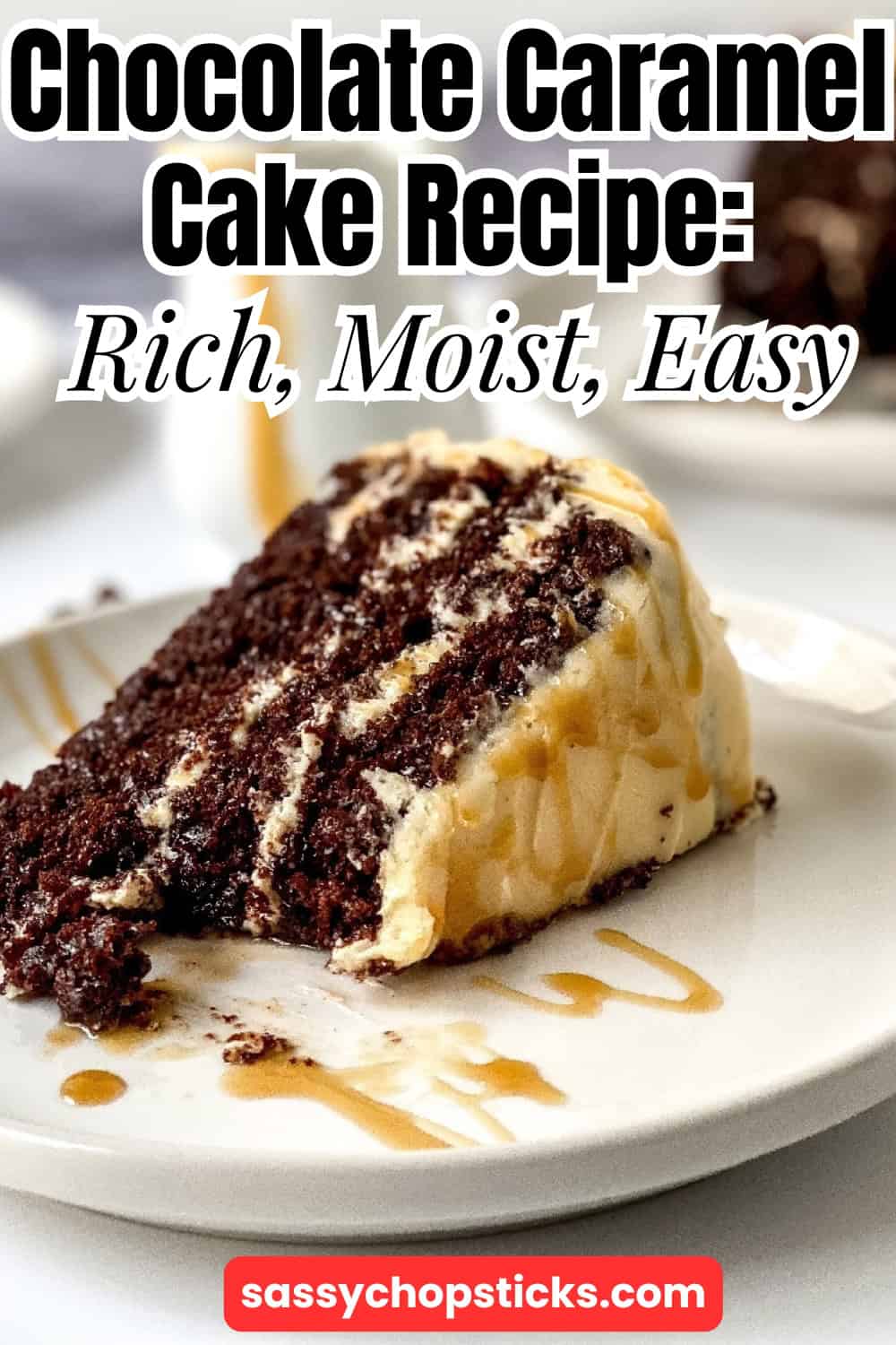 Slice of chocolate cake layered with creamy filling on a white plate.