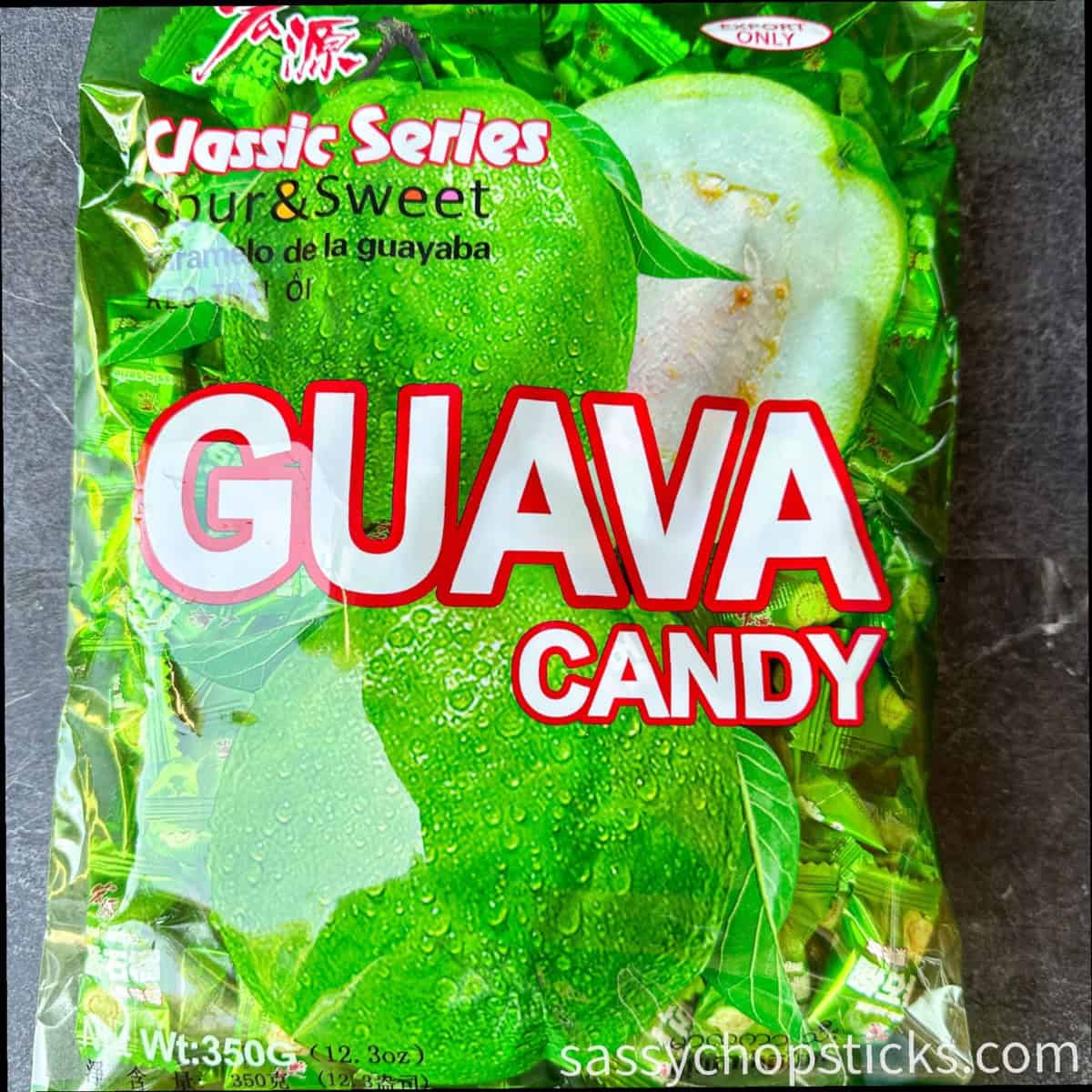 Guava candy package from an Asian market photographed on a dark surface.