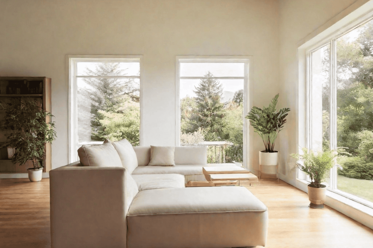 Sunlit minimalist living area with a neutral sectional sofa, wooden floors, large windows, and indoor plants overlooking greenery.