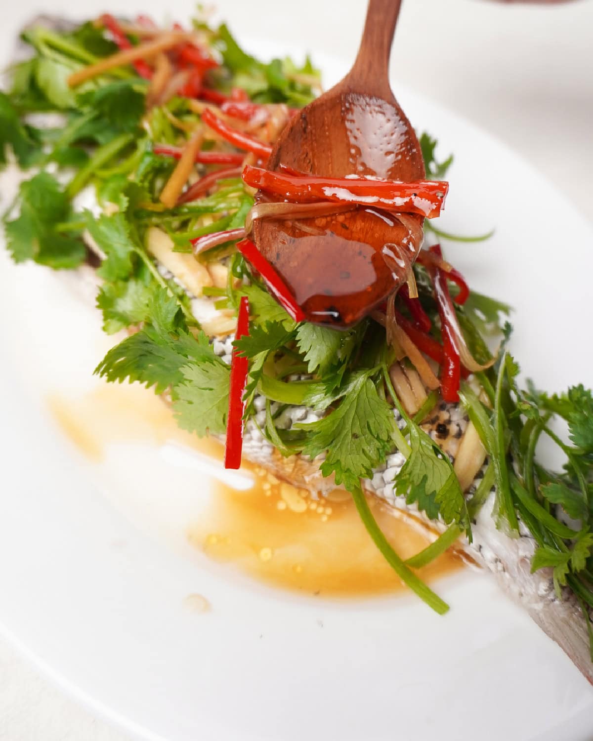 Hot soy sauce with ginger and chili spooned over steamed fish.