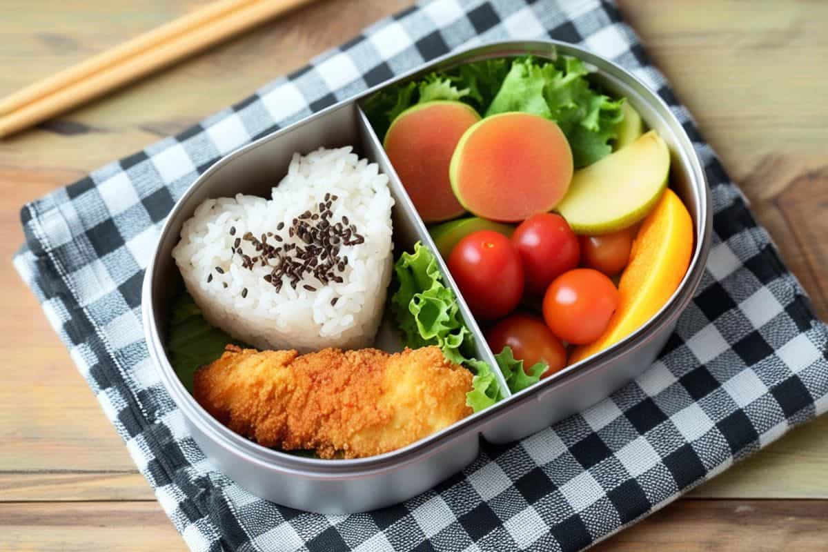 A bento lunch box with rice topped with seeds, breaded cutlet, and fresh fruit and vegetables arranged neatly.
