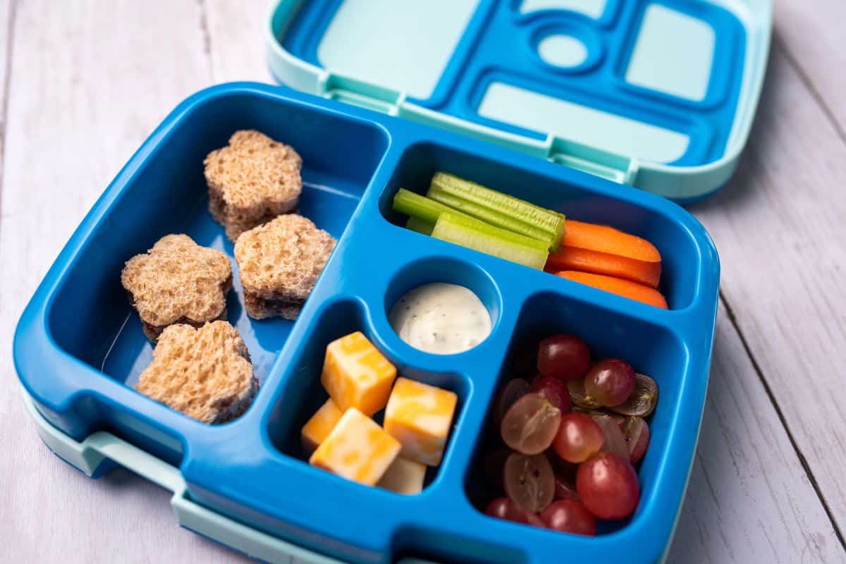Blue bento lunch box with star-shaped whole wheat sandwich bites, cheese cubes, grapes, carrot and celery sticks, and a small cup of dip.