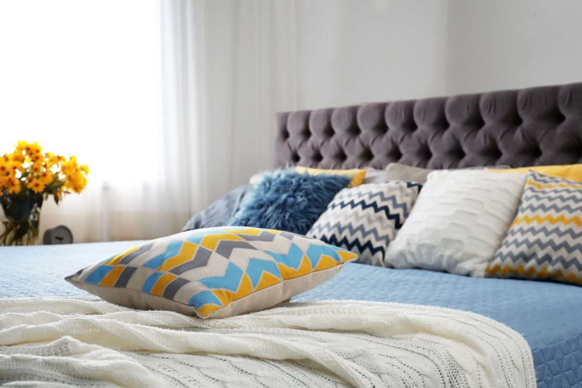 Bed with a tufted headboard, blue bedding, and patterned accent pillows in a bright bedroom.