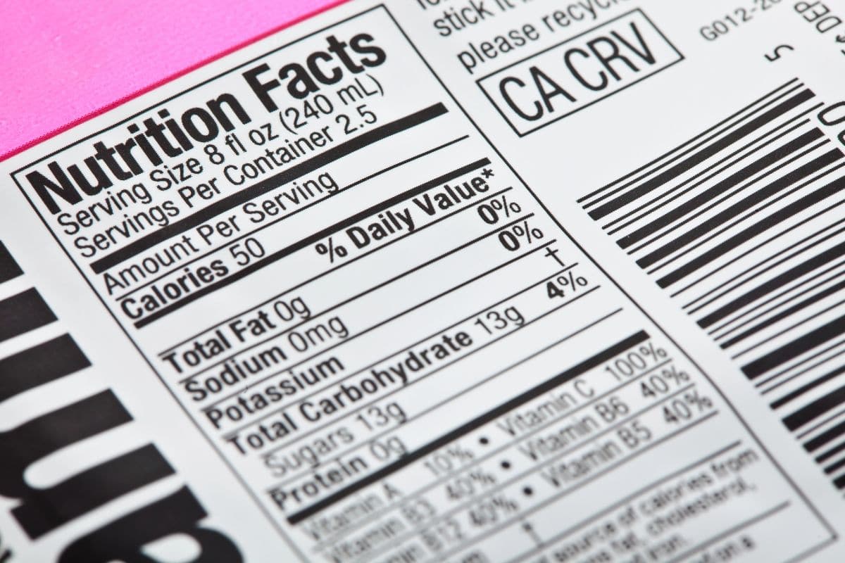 Close-up of a nutrition facts label highlighting total carbohydrates, sugars, calories, and other nutrient values.