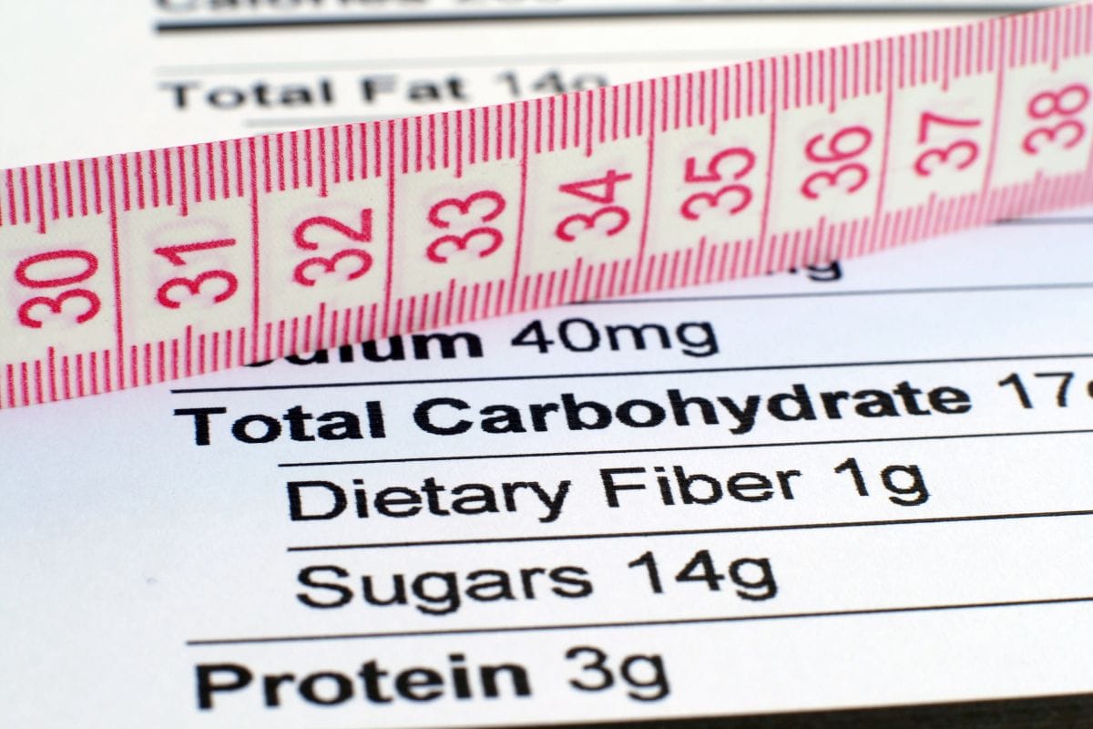 A measuring tape stretches across a nutrition facts label showing carbohydrates, fiber, sugars, and protein.