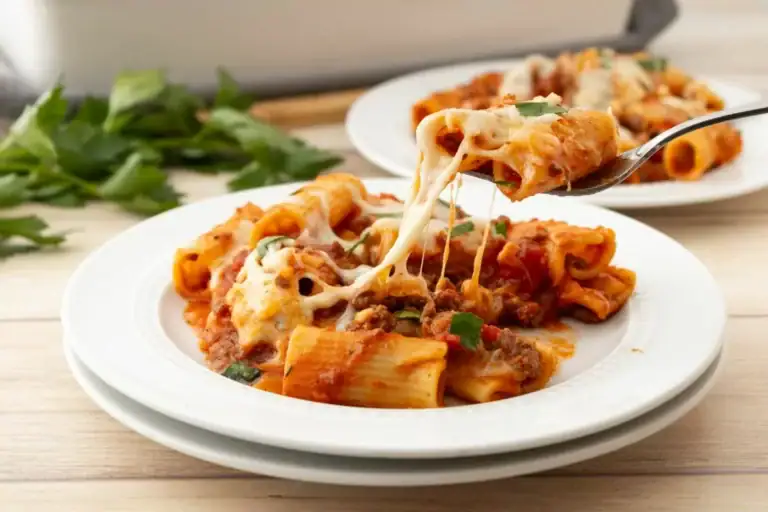 Rigatoni baked with cheese and tomato sauce.