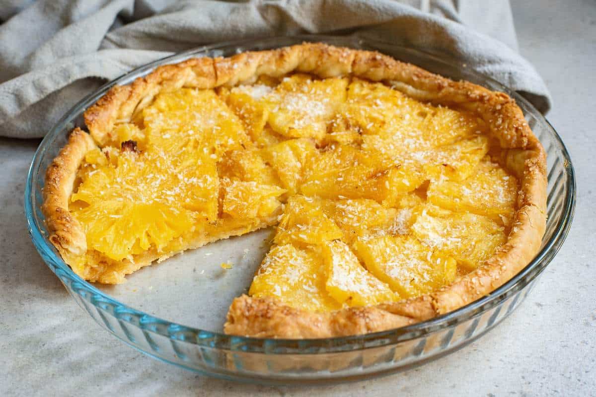 Sweet pineapple-filled pie with flaky crust.