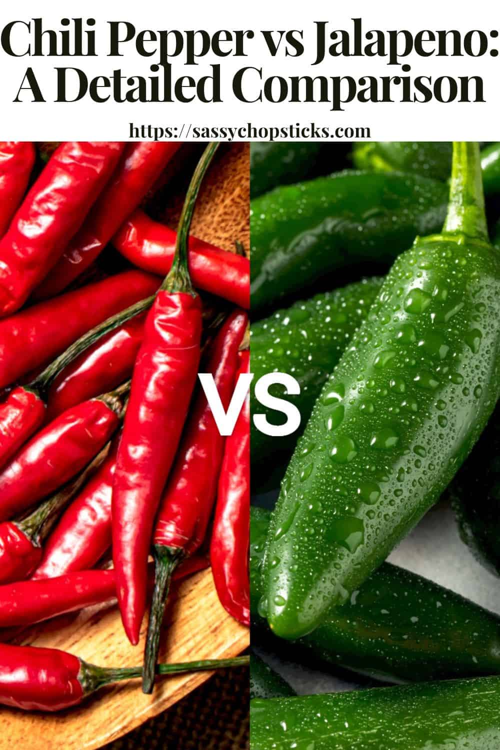 Chili pepper vs jalapeno comparison showing red chili peppers and fresh green jalapenos side by side.