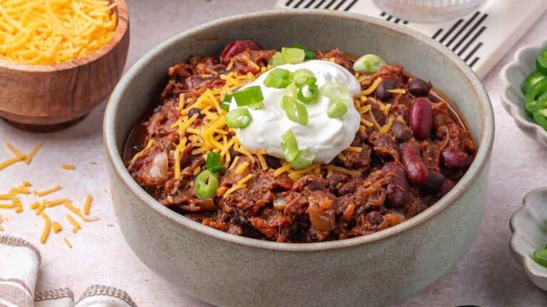 Pulled pork chili in a serving bowl.