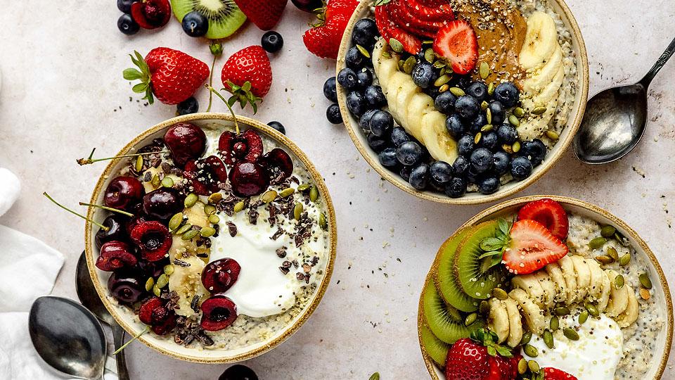 Bowl of oatmeal with toppings.