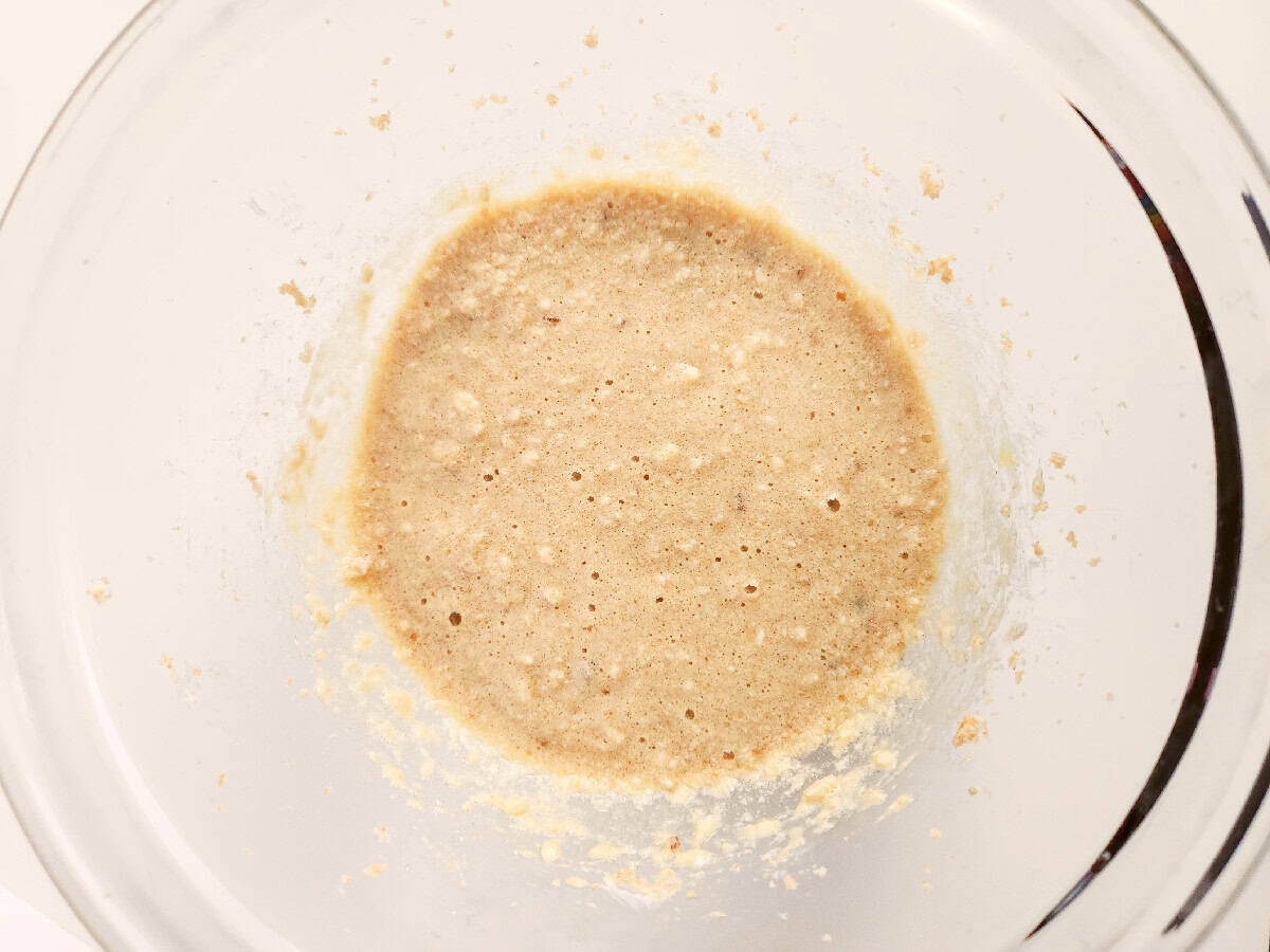 Butter, sugar, and egg mixture combined into a smooth batter.