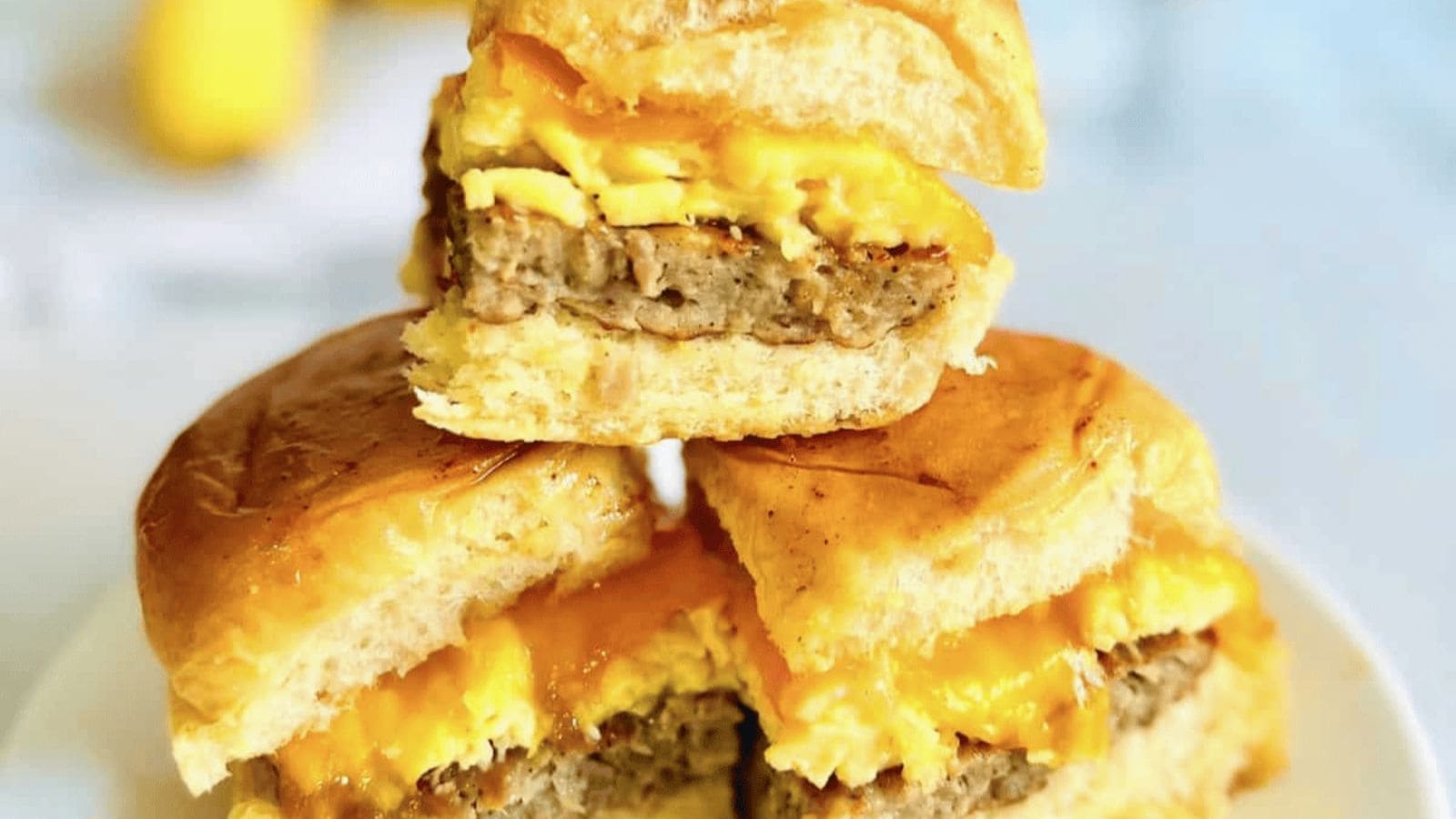 Hawaiian roll breakfast sliders with eggs, cheese, and savory breakfast fillings.