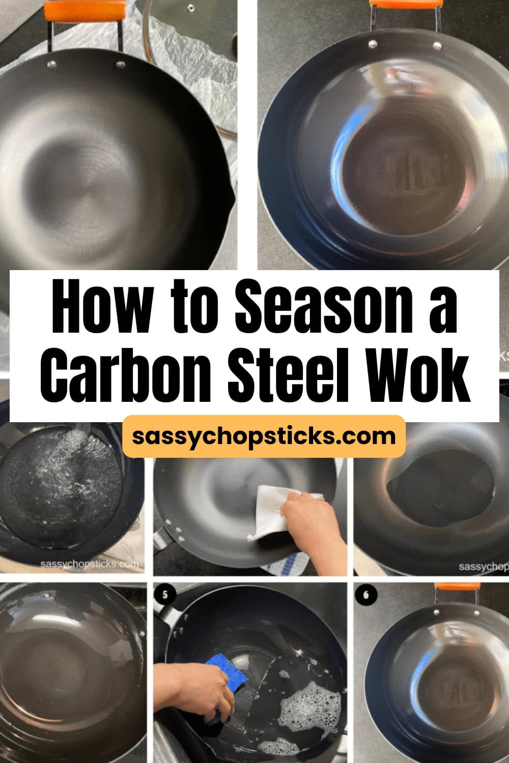 How to season a carbon steel wok step by step from washing it and drying to oiling and heating.