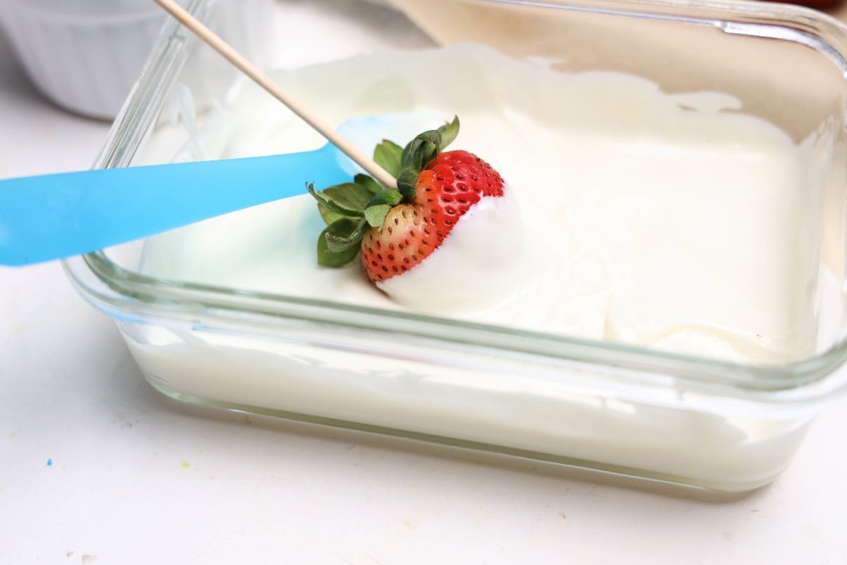 Strawberry being dipped into melted white chocolate for festive July 4th treat.