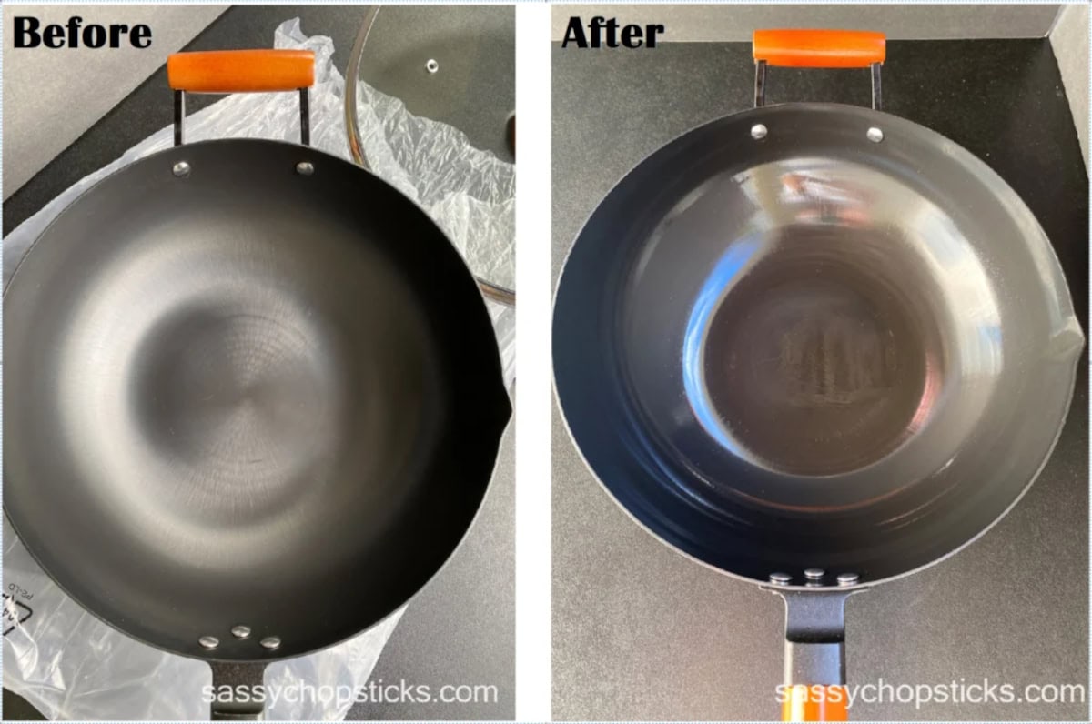 Before and after seasoning a carbon steel wok showing surface transformation.