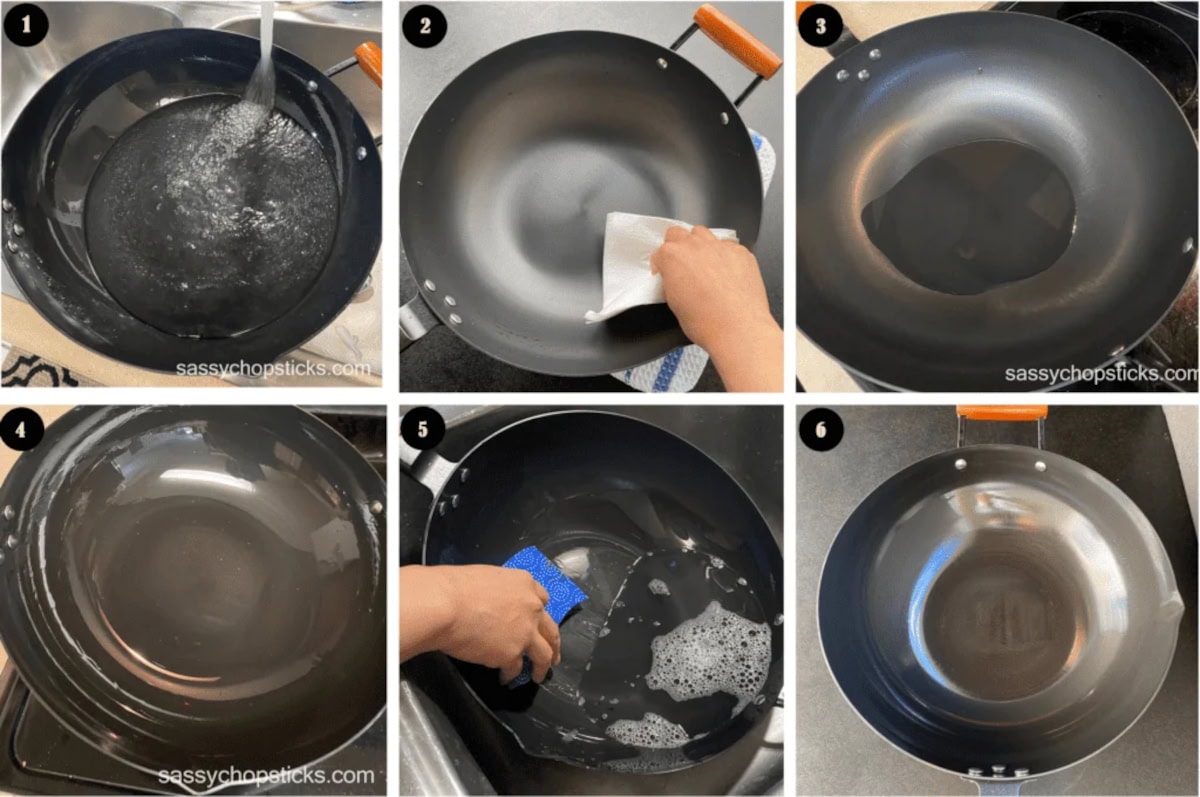 How to season a carbon steel wok step by step from washing and drying to oiling and heating.