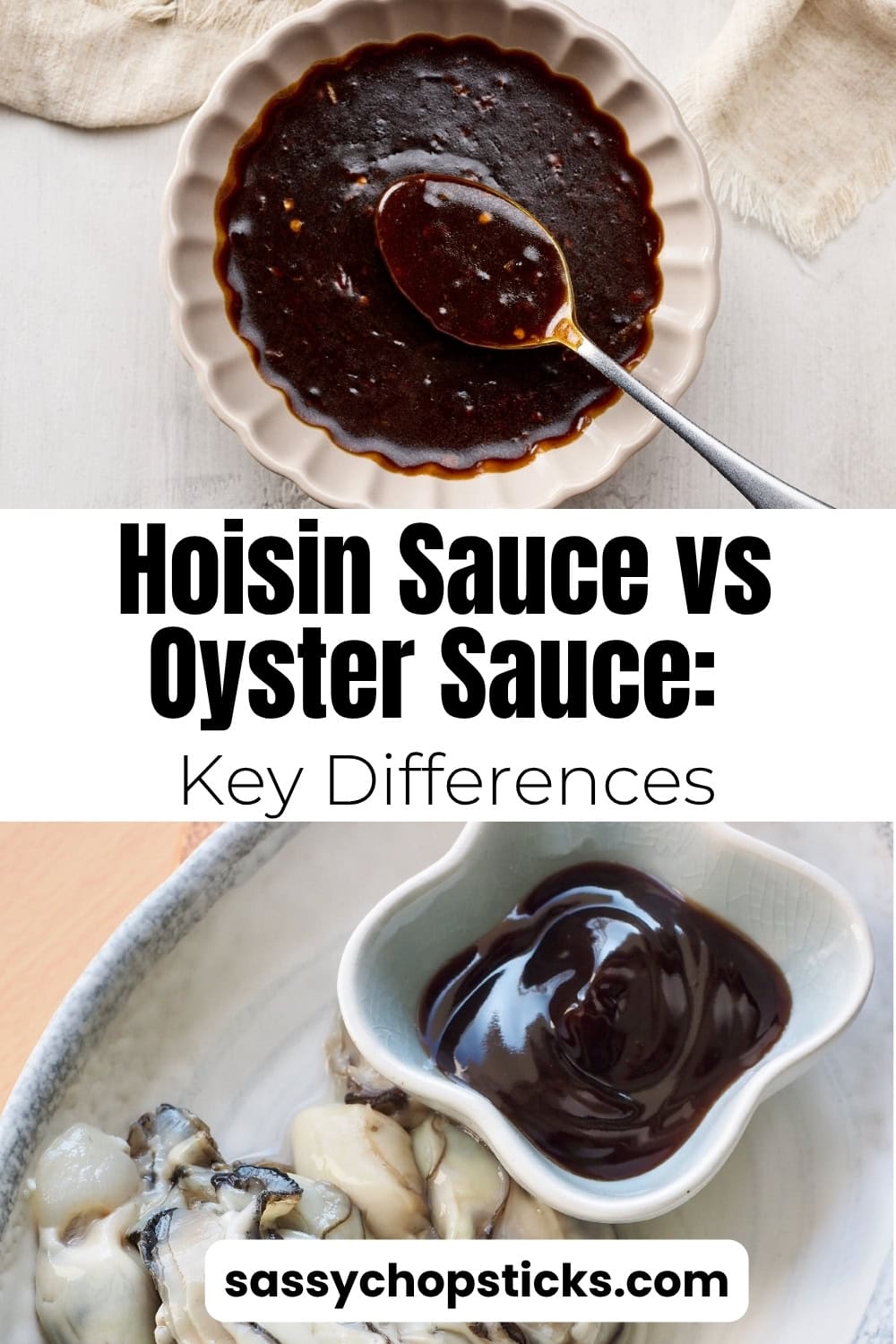 Hoisin sauce vs oyster sauce comparison showing thick dark hoisin sauce and glossy oyster sauce with fresh oysters on a plate.