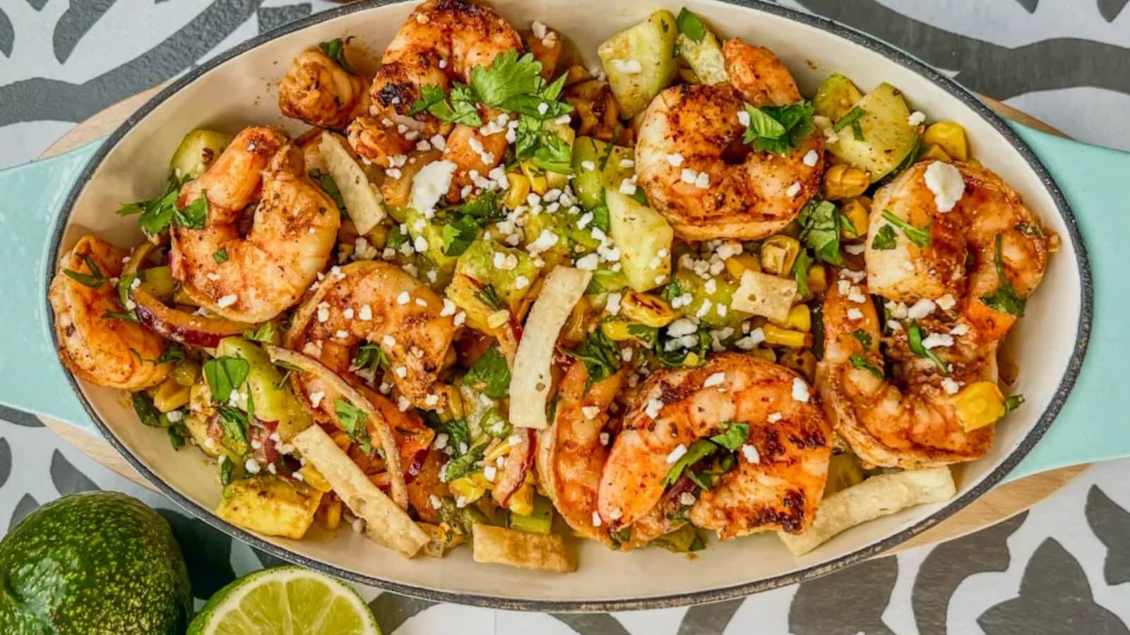 Shrimp salad tossed with avocado and fresh vegetables.