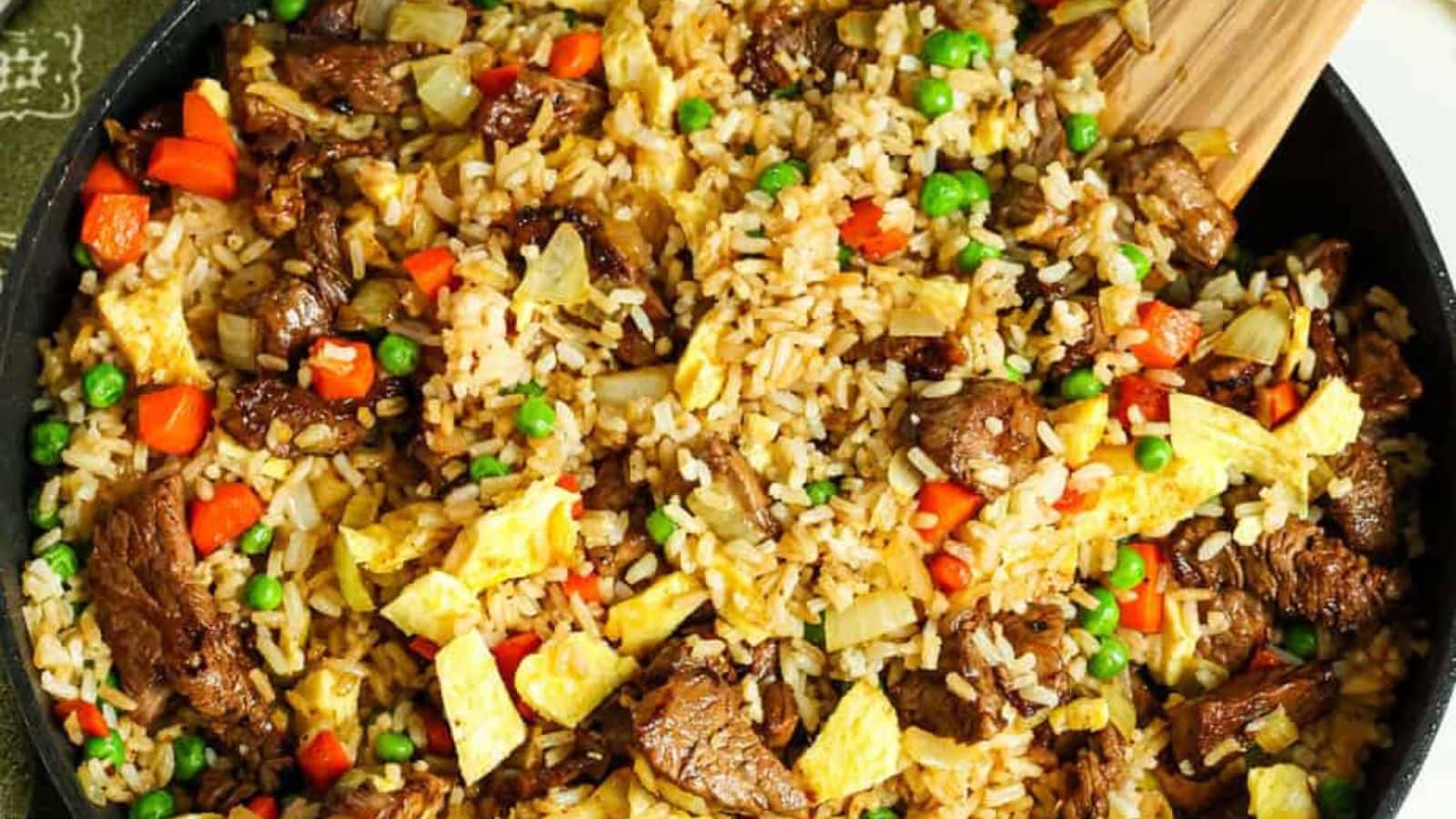 Beef fried rice cooked with seasoned beef and fluffy rice.