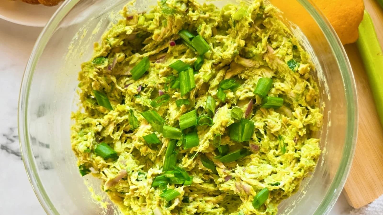 Chicken salad mixed with fresh ingredients and light dressing.