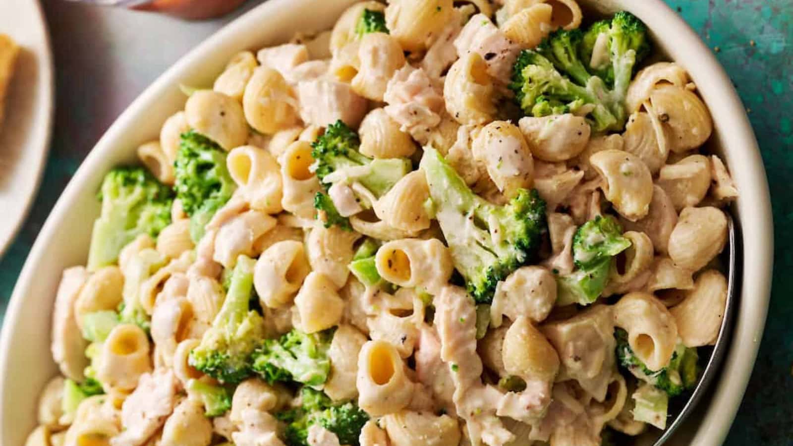 Pasta salad mixed with chicken, broccoli, and creamy dressing.
