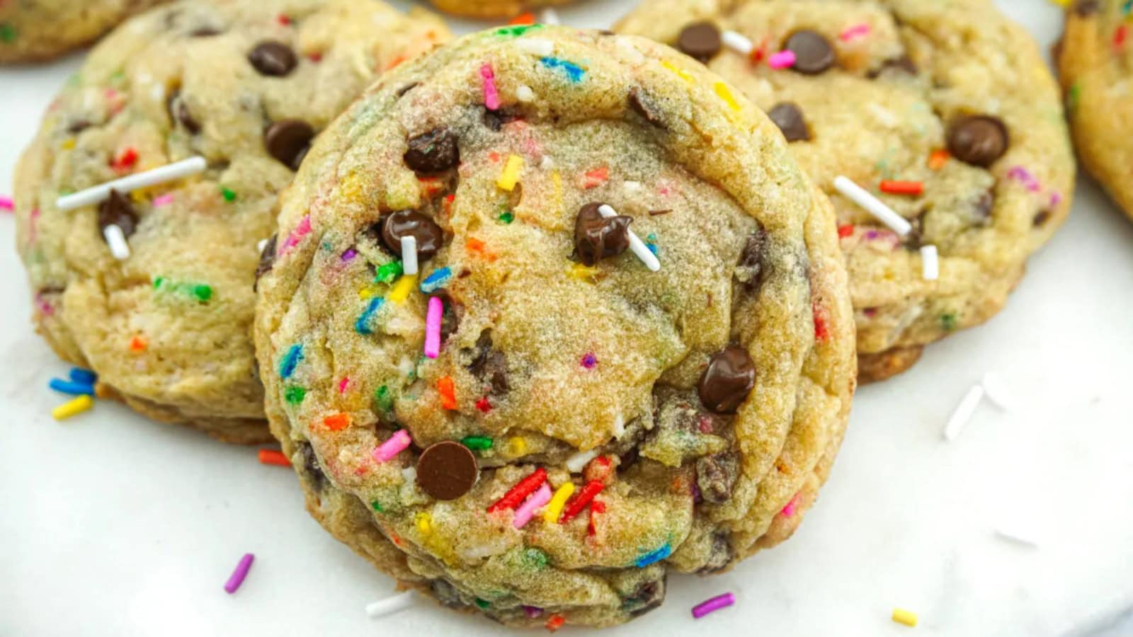 Funfetti cookies baked with chocolate chips and colorful sprinkles.