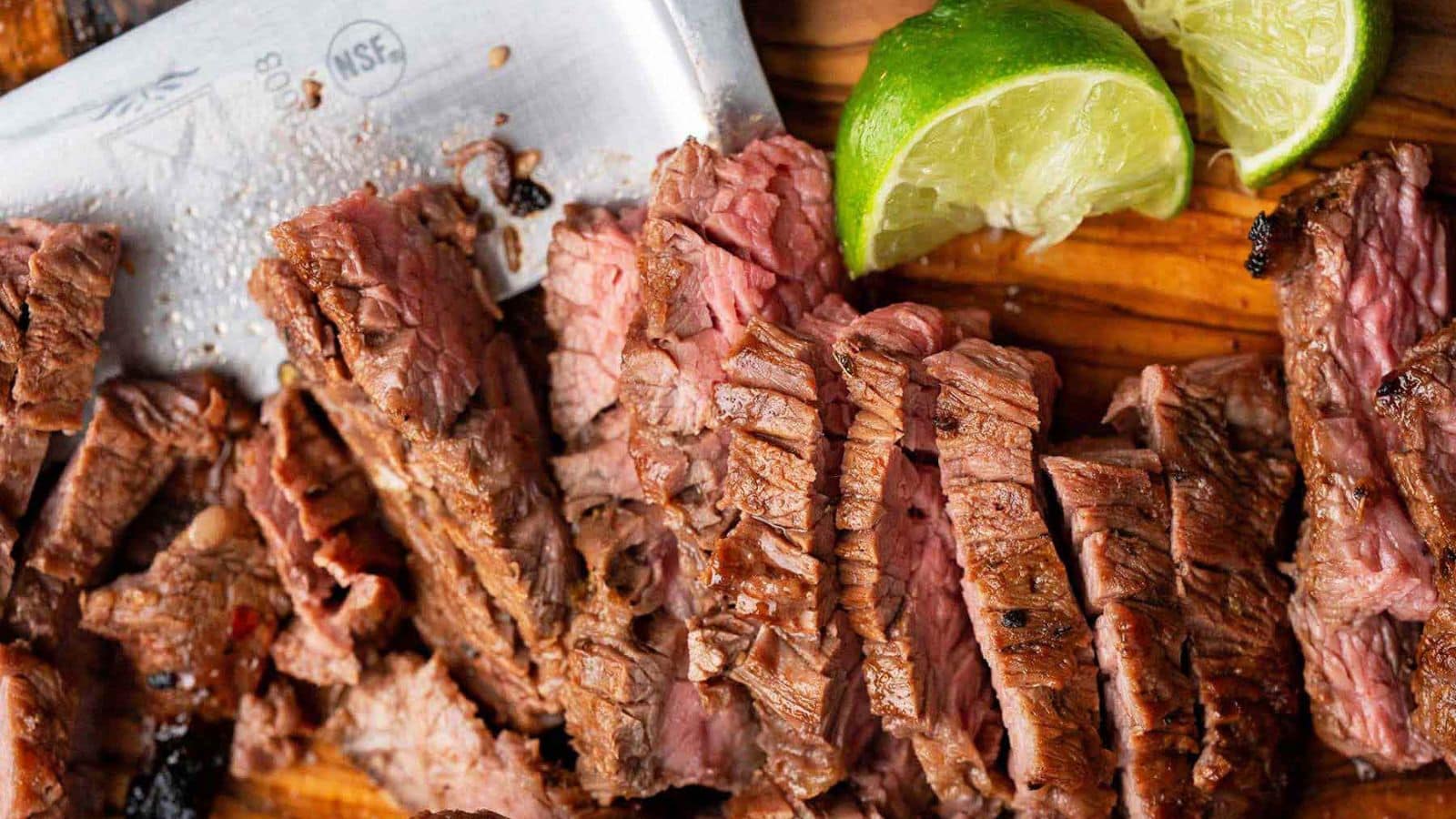 Grilled churrasco steak sliced thin with charred edges and juicy center.