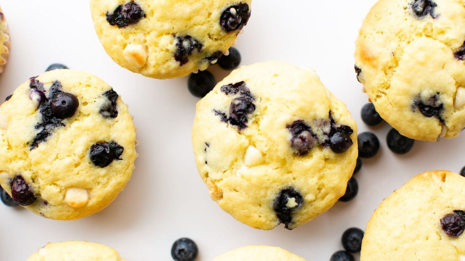 Blueberry muffins filled with white chocolate chips and juicy berries.