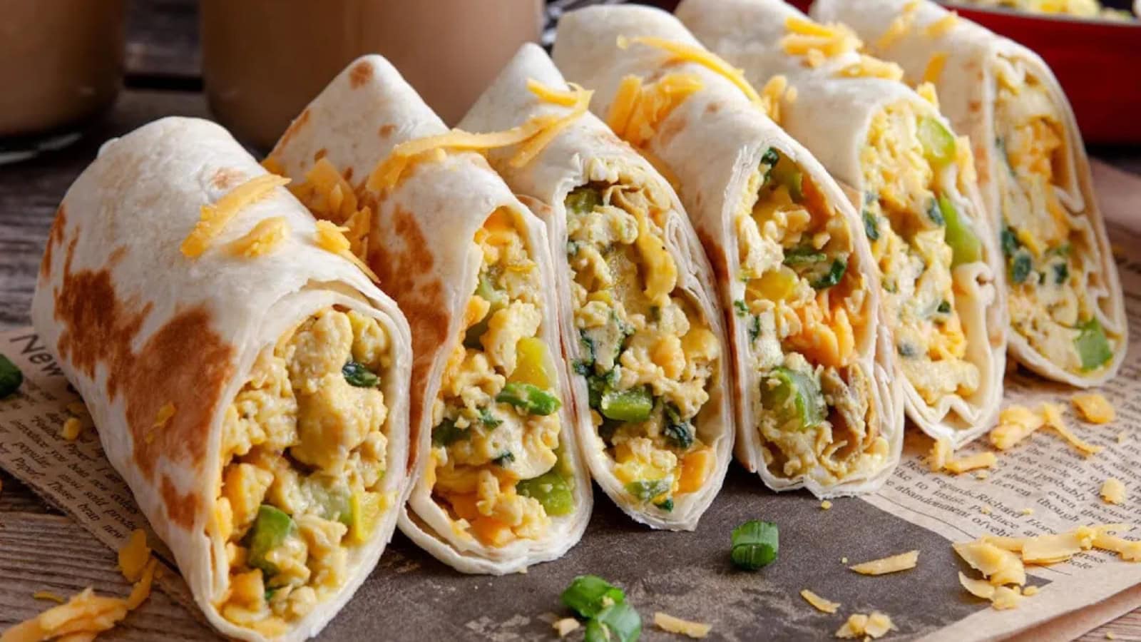 Breakfast burrito filled with eggs, cheese, and savory breakfast ingredients.