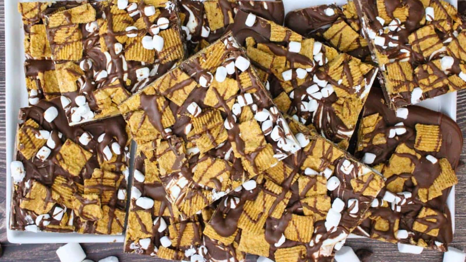 Chocolate bark layered with marshmallows and graham cracker pieces.
