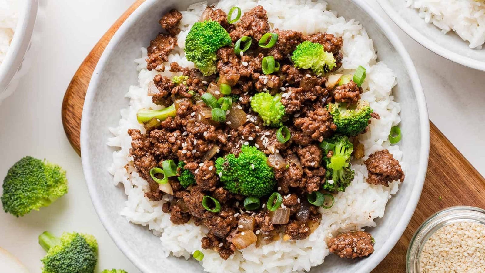 Ground beef and broccoli cooked together in a savory sauce.
