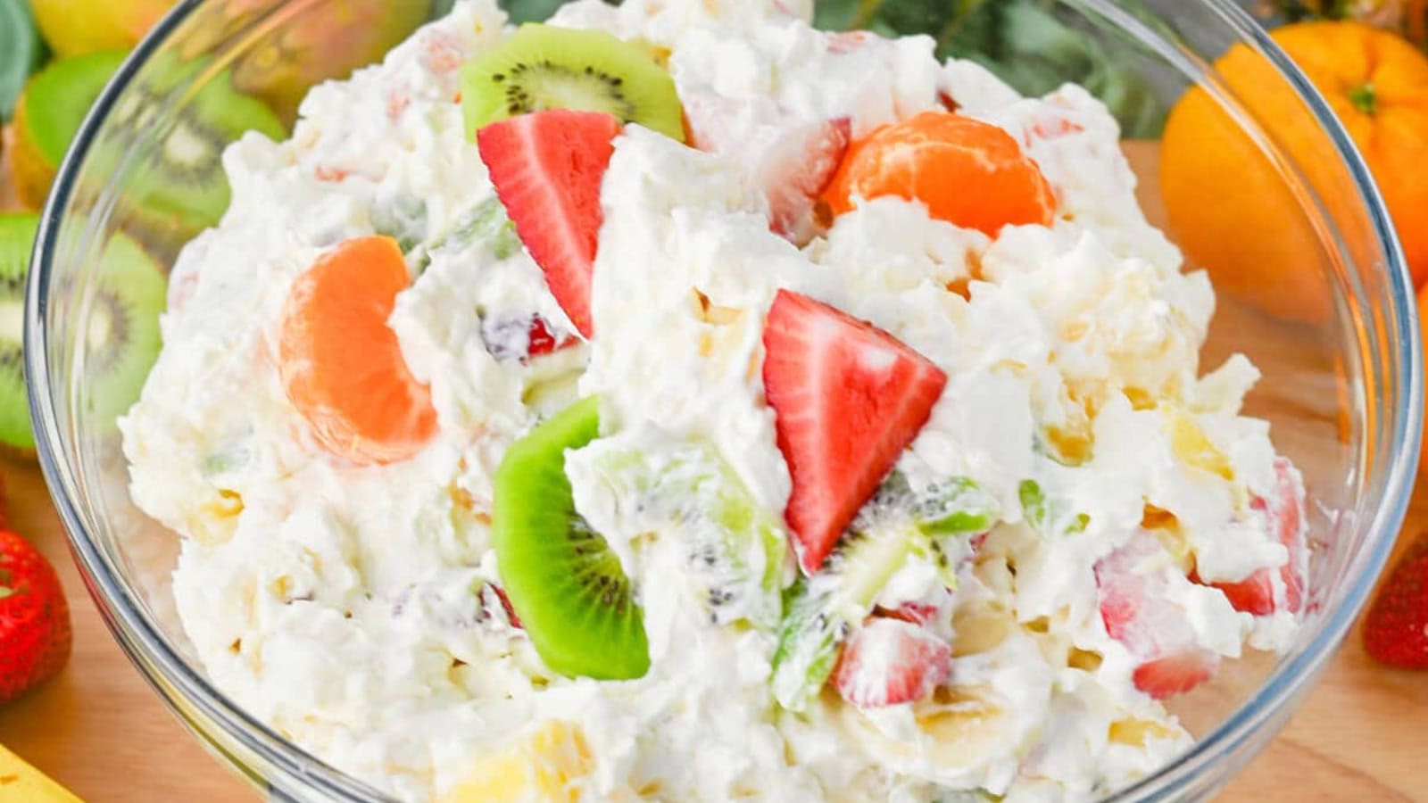 Cheesecake salad mixed with tropical fruit and creamy filling.