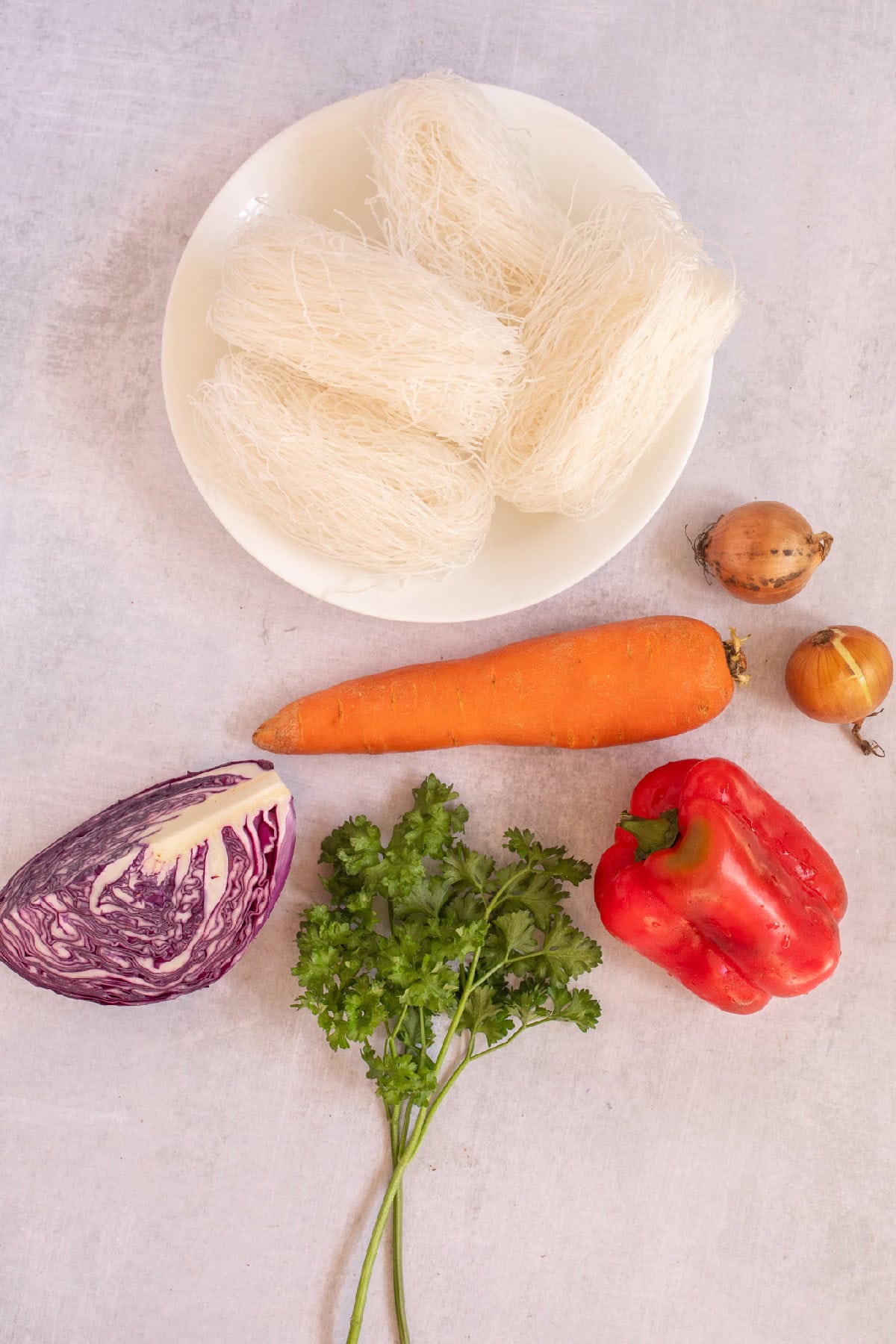 Rice noodles with red cabbage, carrot, red bell pepper, parsley, and onions arranged on a light background for spring roll in a bowl ingredients.