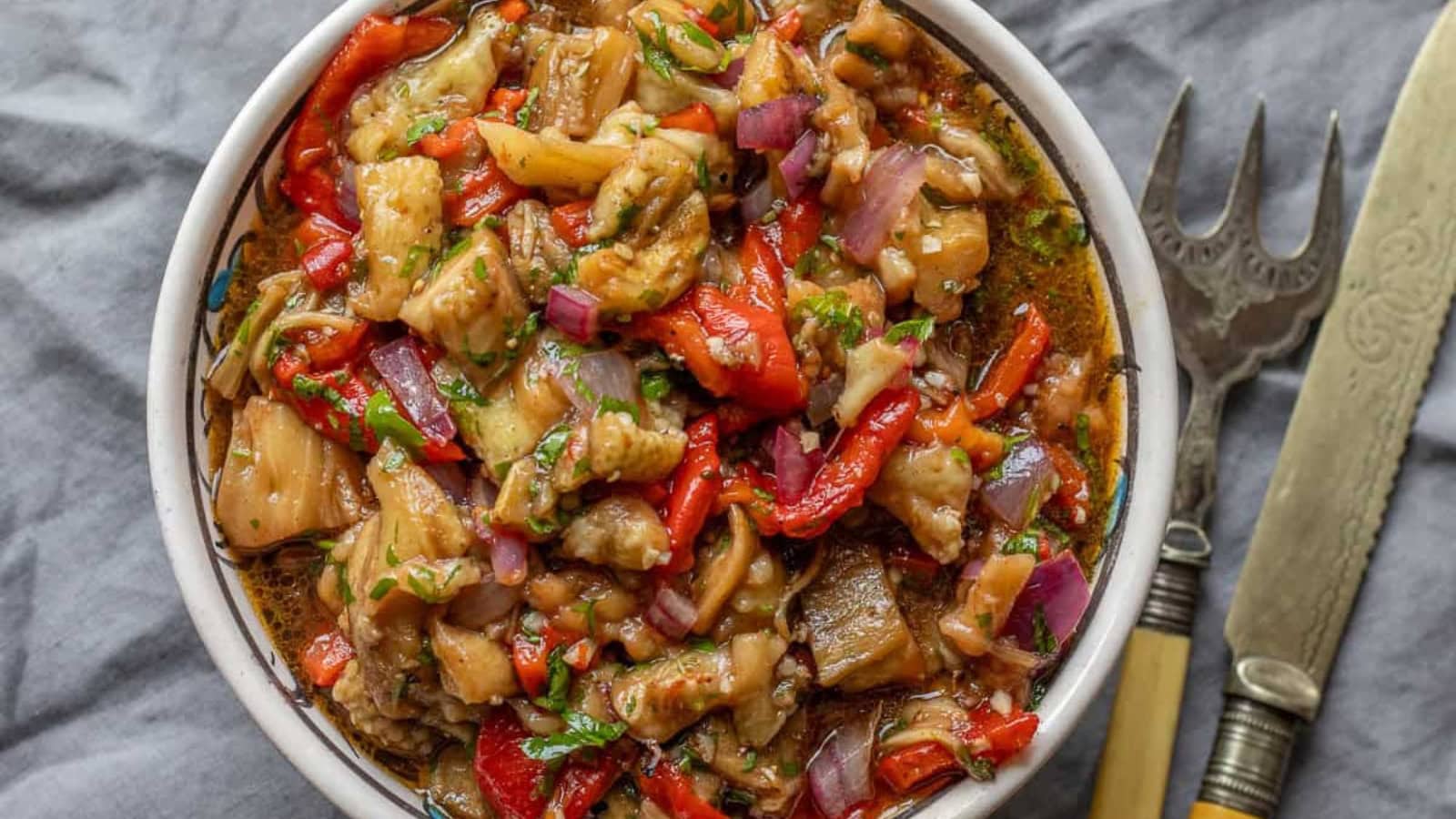 Eggplant salad with smoky roasted flavor and fresh seasoning.