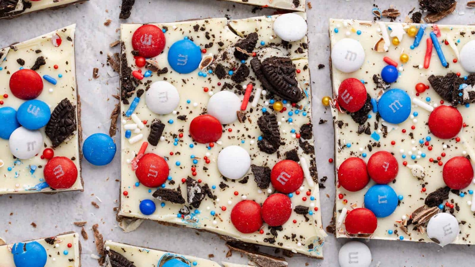 Patriotic candy mix featuring red, white, and blue sweet treats.