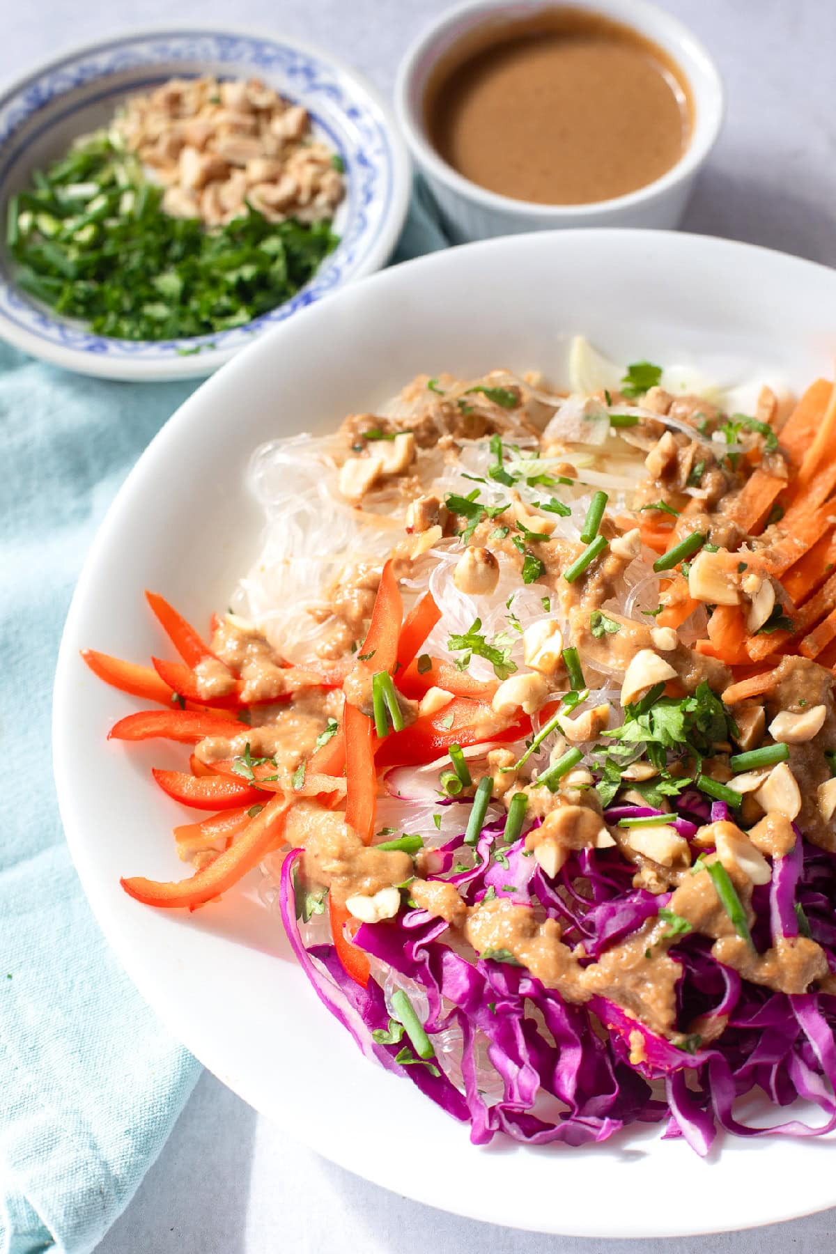 Close-up of a spring roll noodle bowl with peanut sauce, red bell peppers, cabbage, carrots, and herbs.