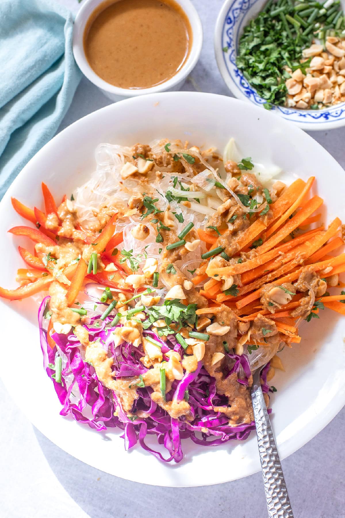 Close-up of a colorful spring roll in a bowl with rice noodles, carrots, red cabbage, bell peppers, and peanut sauce.