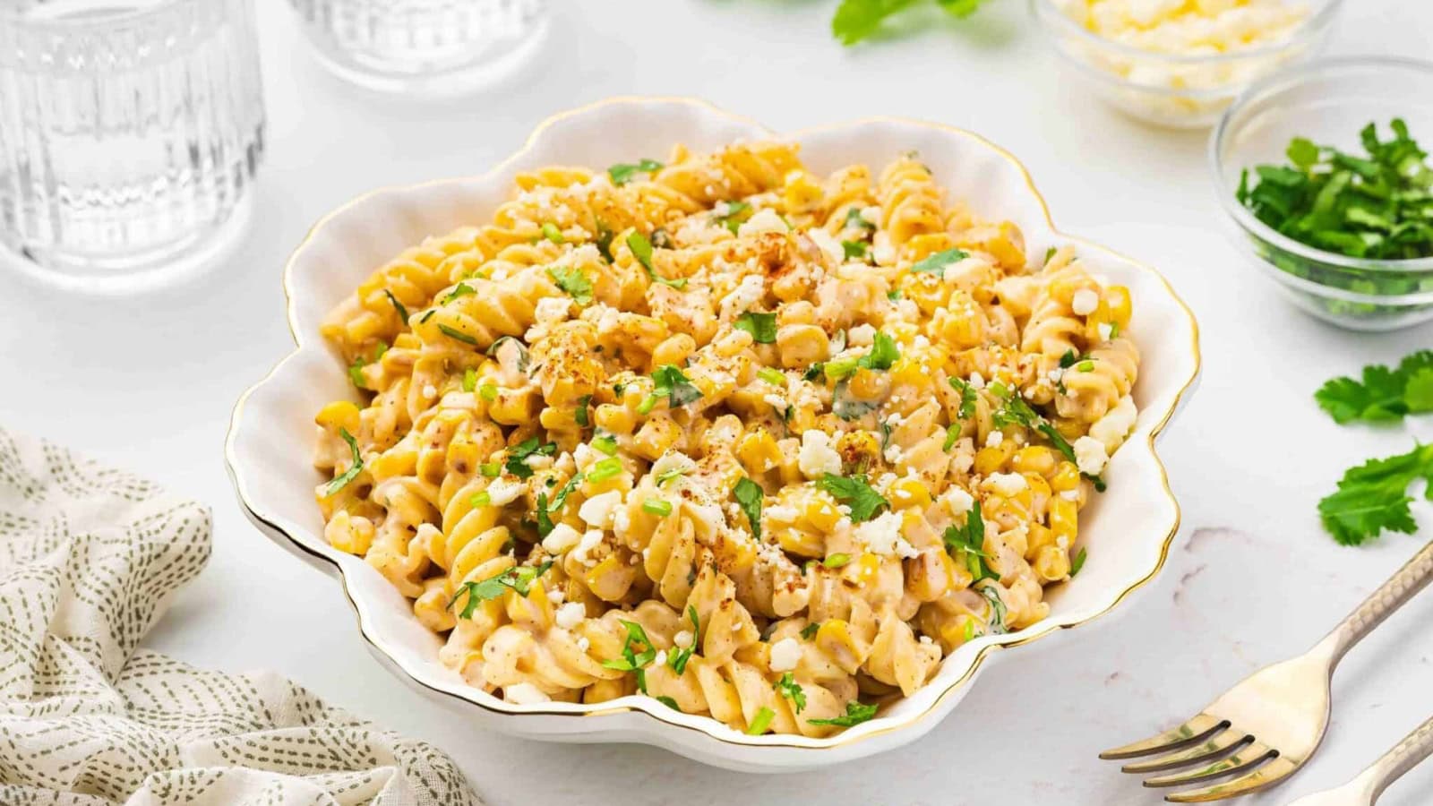 Pasta salad mixed with street corn flavors and creamy dressing.