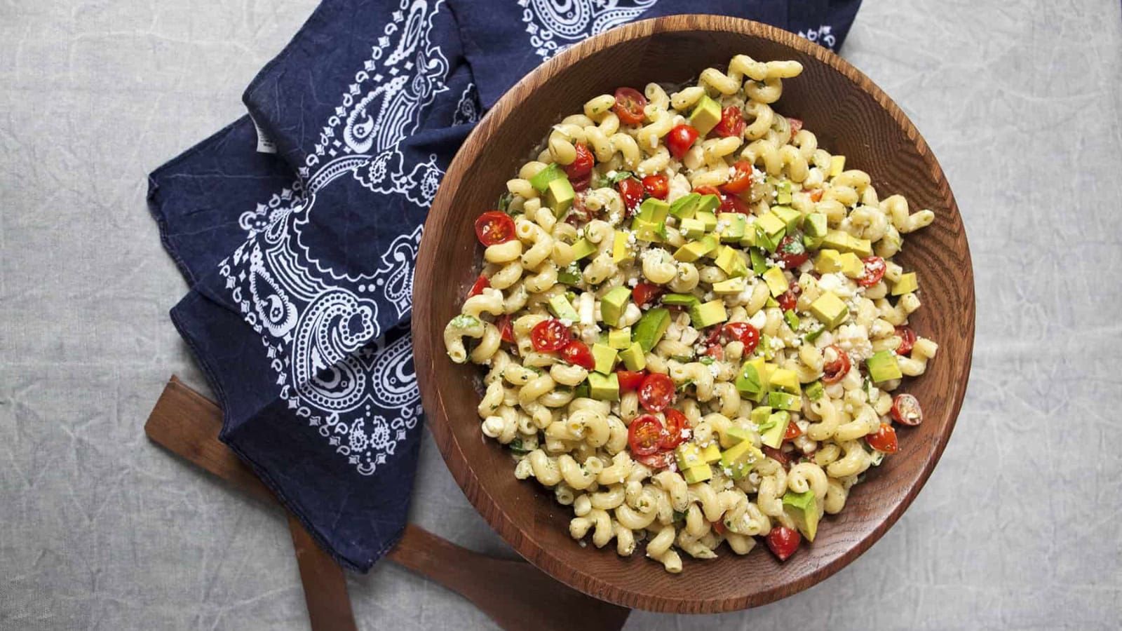 Pasta salad tossed with tomatillo ranch, cherry tomatoes, and corn.