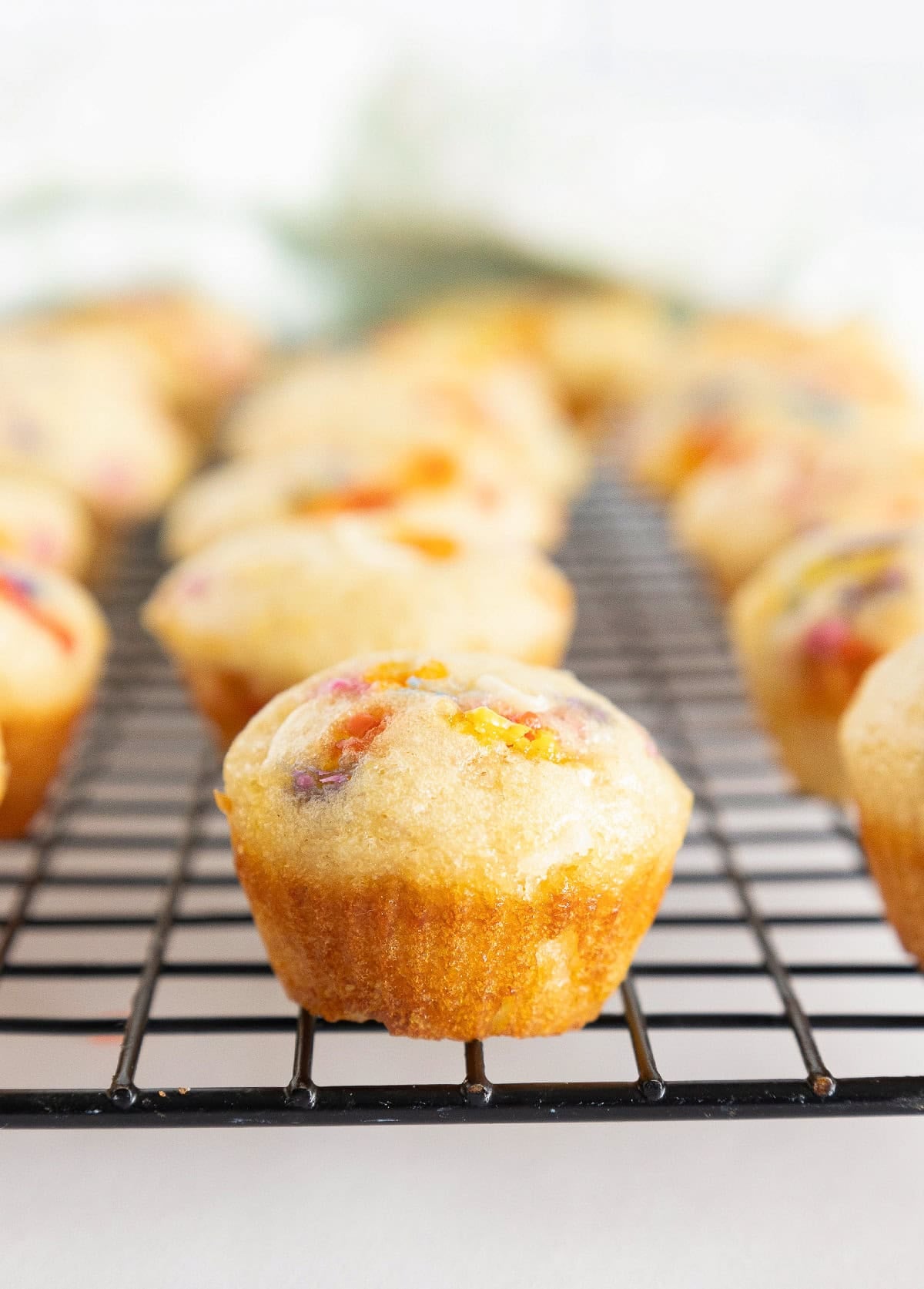 Close-up of a birthday cake mini muffin with colorful sprinkles cooling on a wire rack.