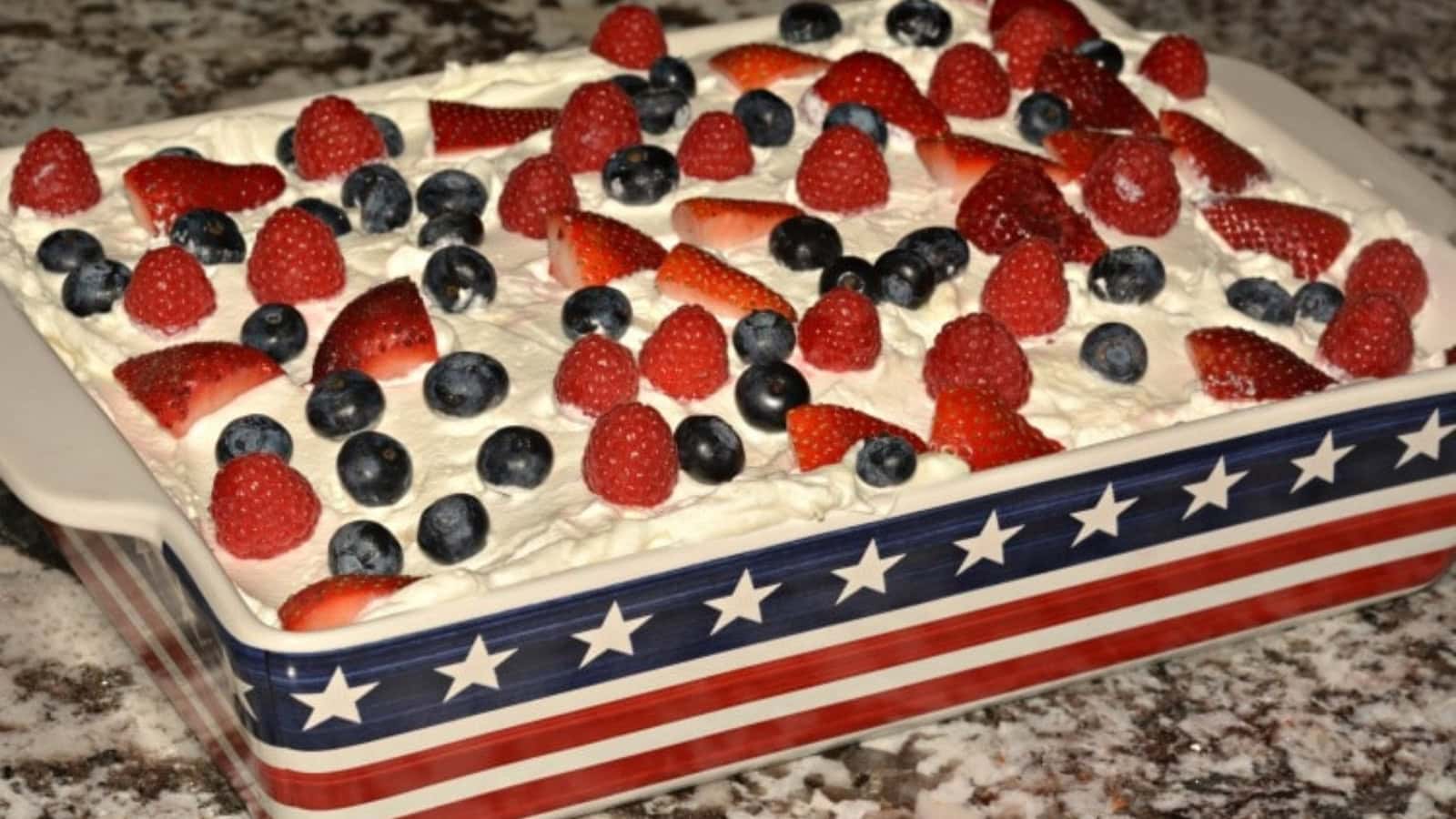 No-bake berry trifle lasagna with creamy layers and fresh berries.