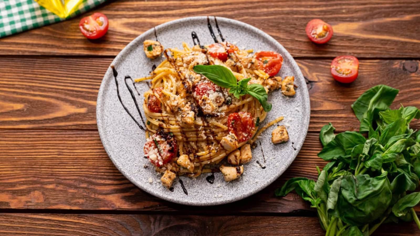 Chicken pasta tossed with bruschetta-style tomatoes and fresh herbs.